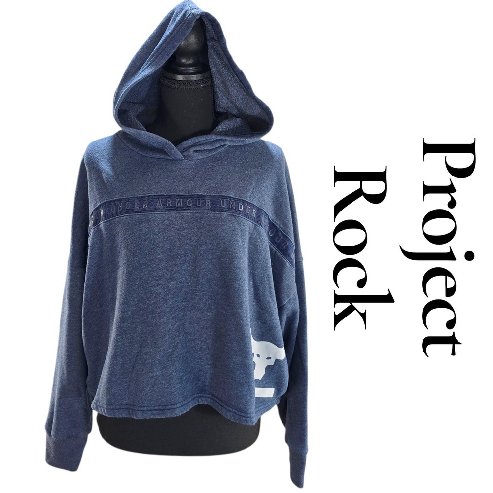 Under Armour Project Rock Hoodie Women M Blue Fleece Cropped Graphic Gym Logo